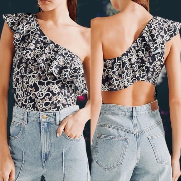 NWT Isabel Marant Etoile ‘Sicilya’ Ruffled Printed One Shoulder Swimsuit Size 40 - Picture 2 of 16